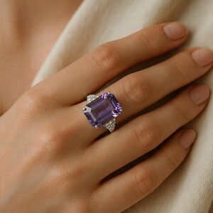 Tanzanite Austrian Crystal and Simulated Diamond Sterling Silver Size 6 Ring